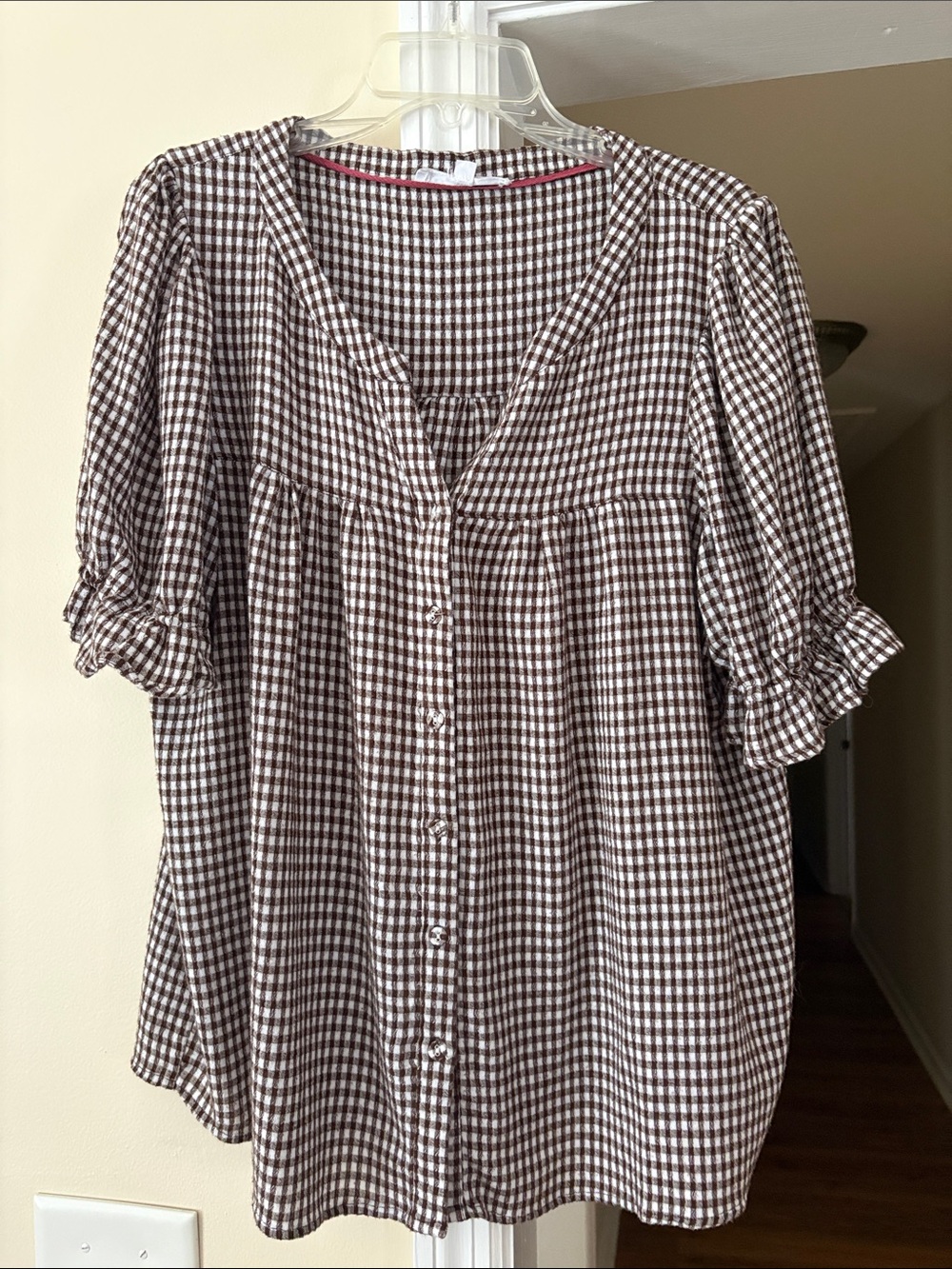Jane and Delancey Brown and White Gingham Button-Front Blouse